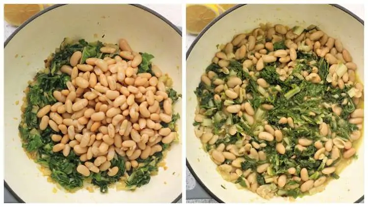 white beans added to swiss chard in skillet 