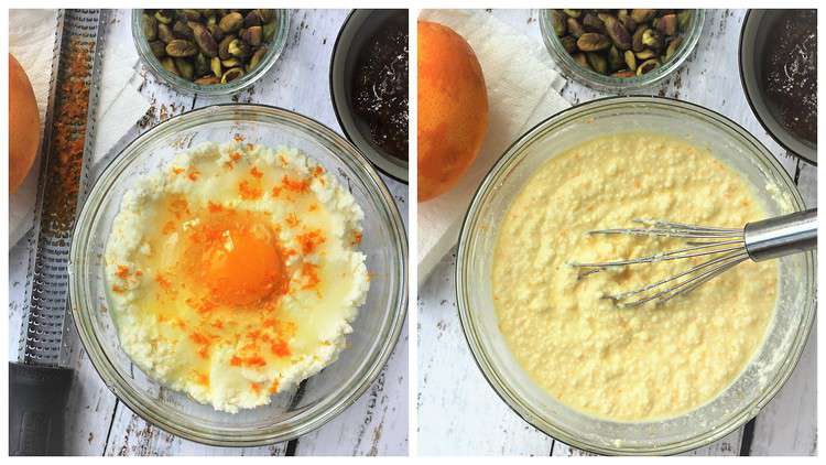 combined ricotta, egg, sugar and orange zest in bowl for pie filling