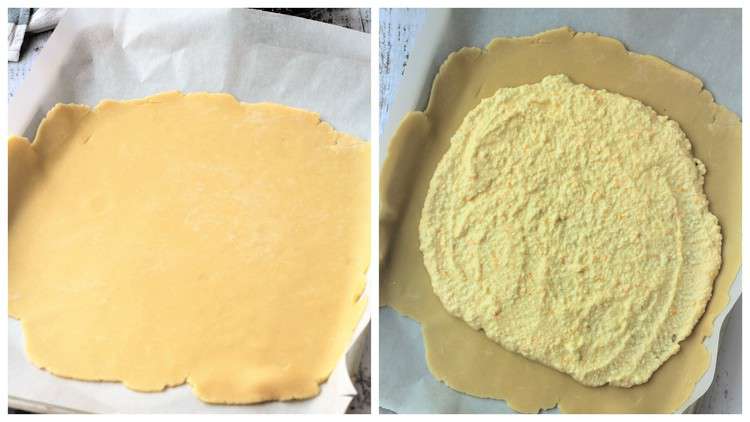 rolled pie dough on baking sheet topped with ricotta cream