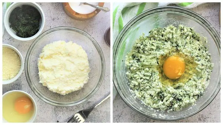 ricotta spinach filling ingredients combined in bowl