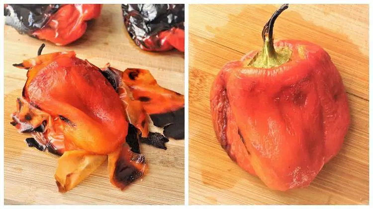 charred skin peeled from roasted red pepper
