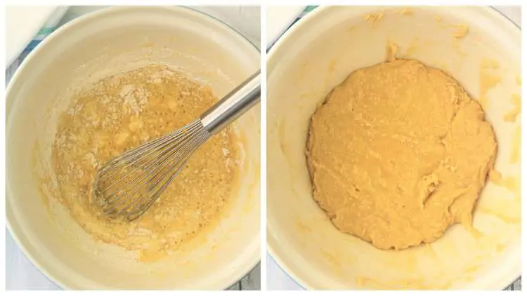 cake batter in large bowl with whisk
