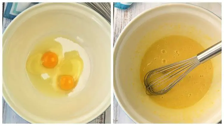 whisked eggs and sugar in bowl with whisk
