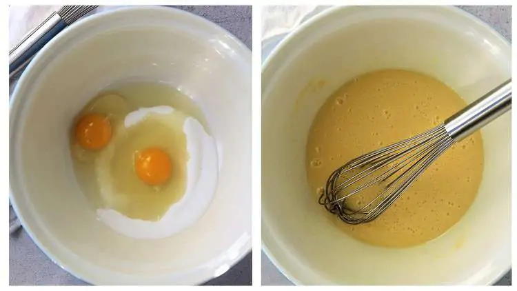 before and after eggs and sugar whisked in large mixing bowl