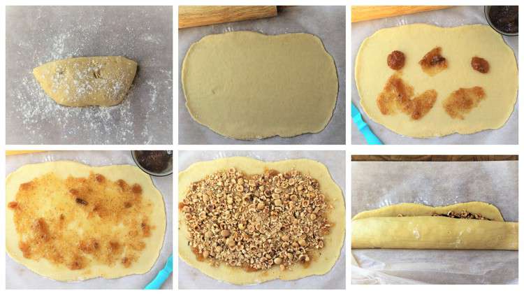 step by step images for assembling rolled cookies topped with jam and hazelnuts