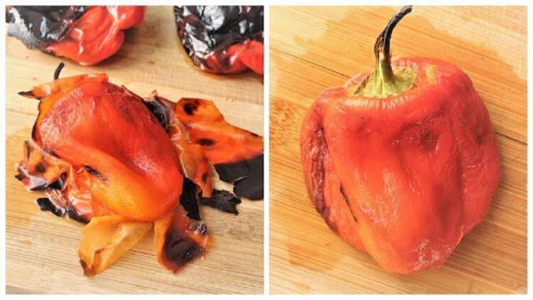 Peel removed from roasted red pepper.