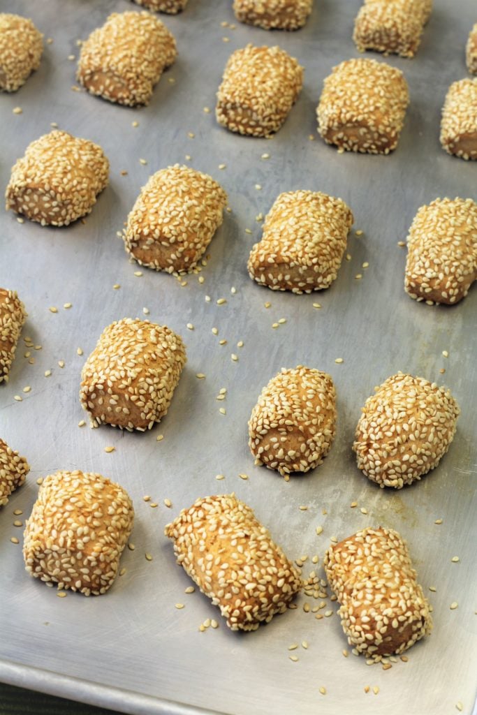 just baked sesame seed cookies (biscotti regina) on baking sheet