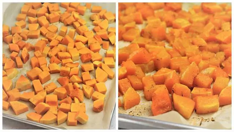 cubed butternut squash on baking sheet raw and roasted