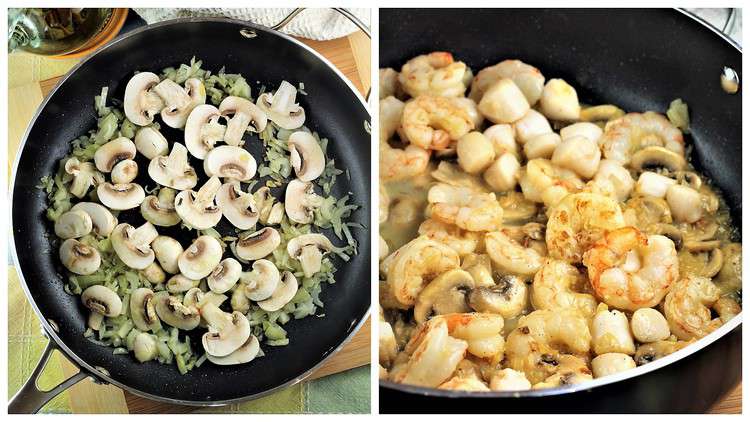 steps for sautéing mushrooms, onions and seafood in large skillet