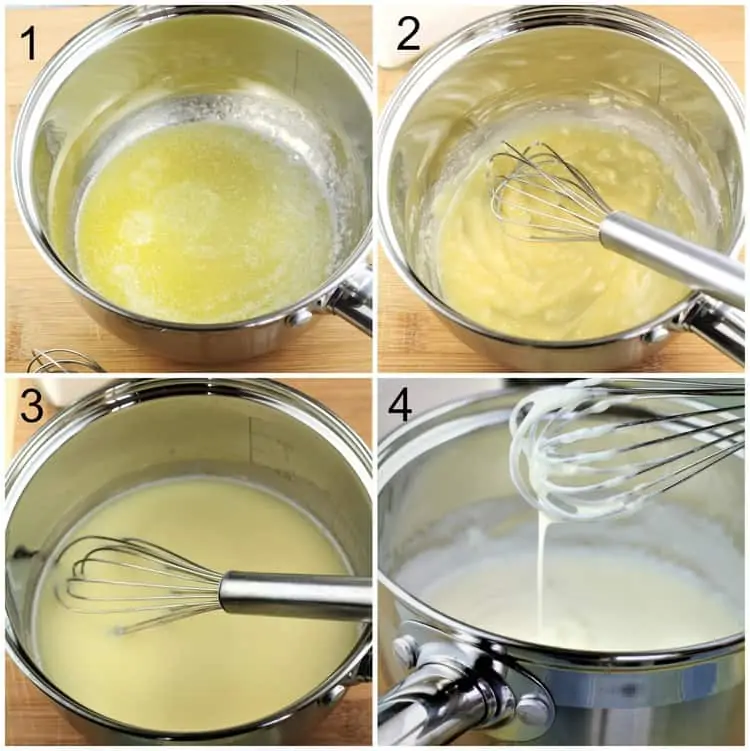 Step by step images for making bechamel sauce in sauce pan with whisk.