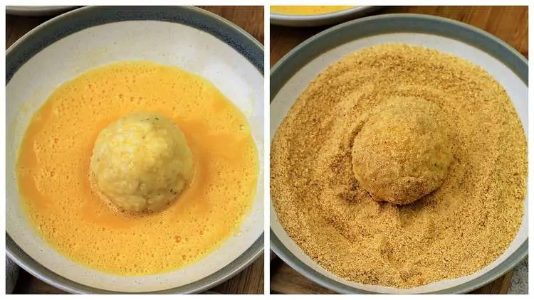 bowl with egg wash and bowl with breadcrumbs for dredging arancini