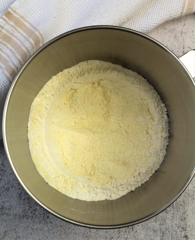 semolina and all-purpose flour in bowl of stand mixer