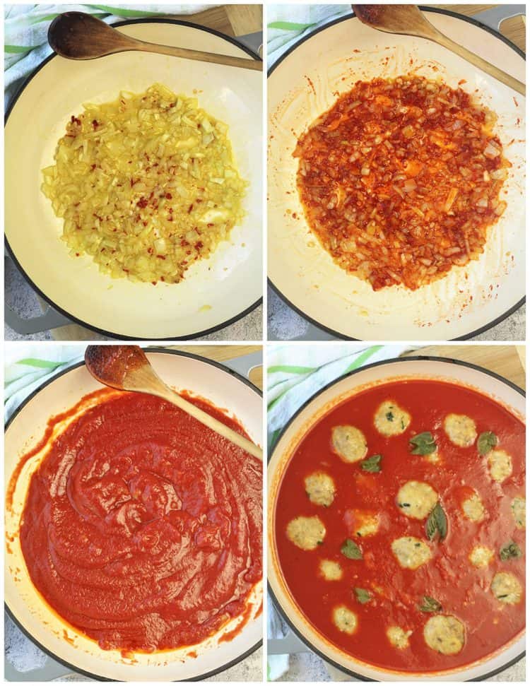 Traditional Sicilian Meatballs (prupetti) step by step images for making tomato sauce with meatballs