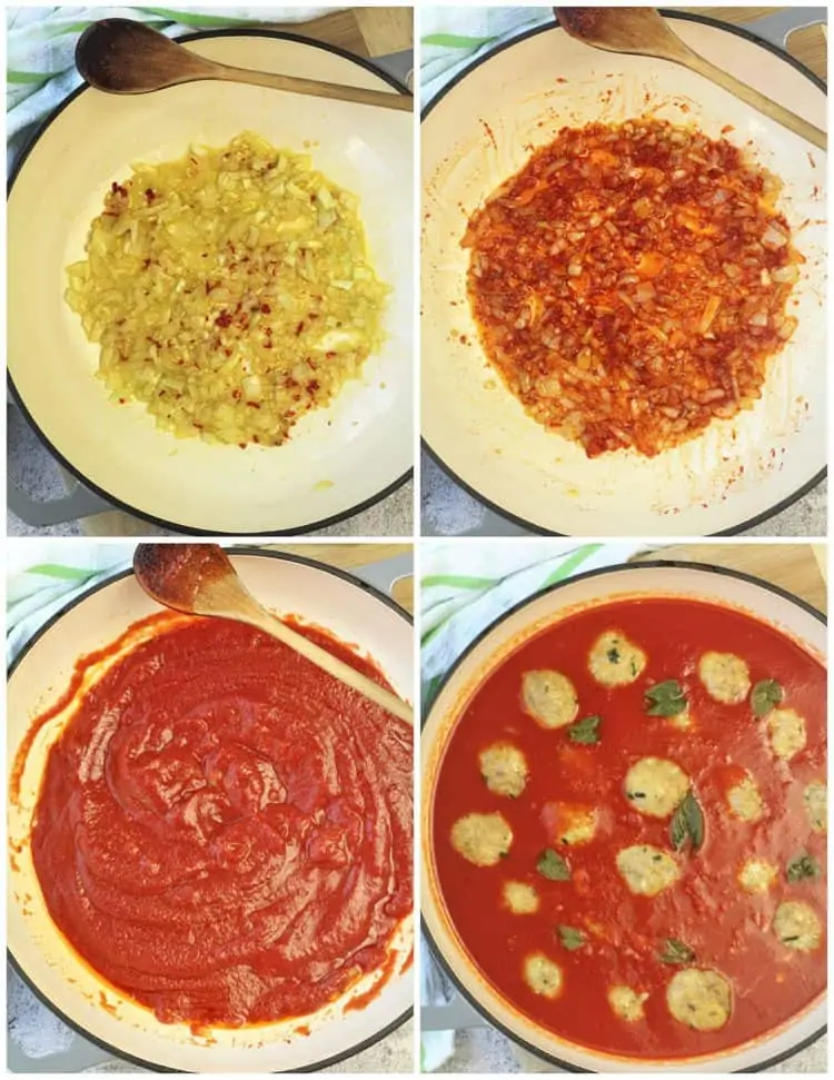 step by step images for making tomato sauce with meatballs