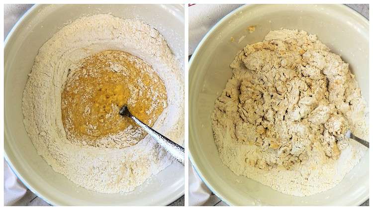 stirring egg and flour with fork in bowl to form pignolata dough