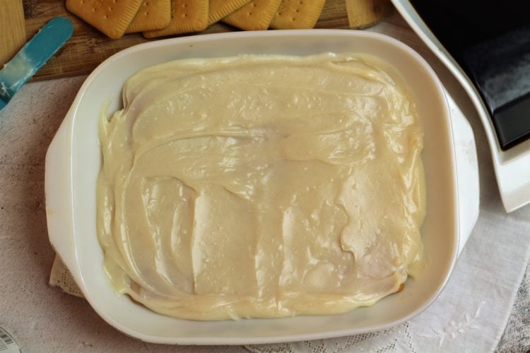 white cream on baking dish