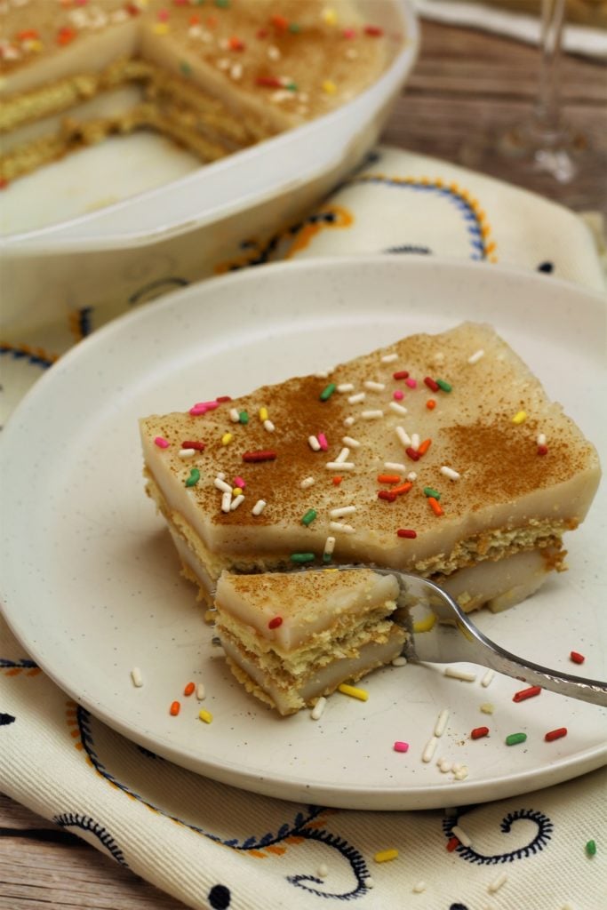 square of biancomangiare with cookies with fork cutting into it