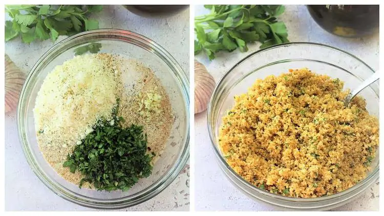 bowl of seasoned breadcrumbs with grated cheese and parsley