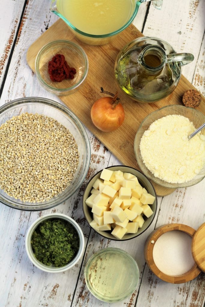 ingredients in bowls for barley risotto with pesto and mozzarella