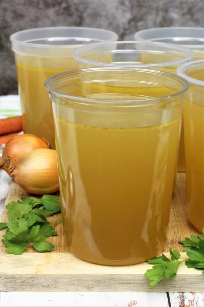 1 liter plastic containers filled with homemade chicken broth
