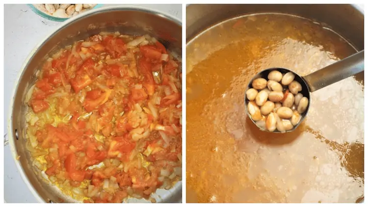 steps for cooking dry romano beans in pot with onion and tomato base