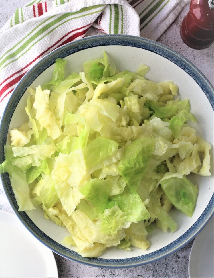 blanched strips of savoy cabbage in large bowl