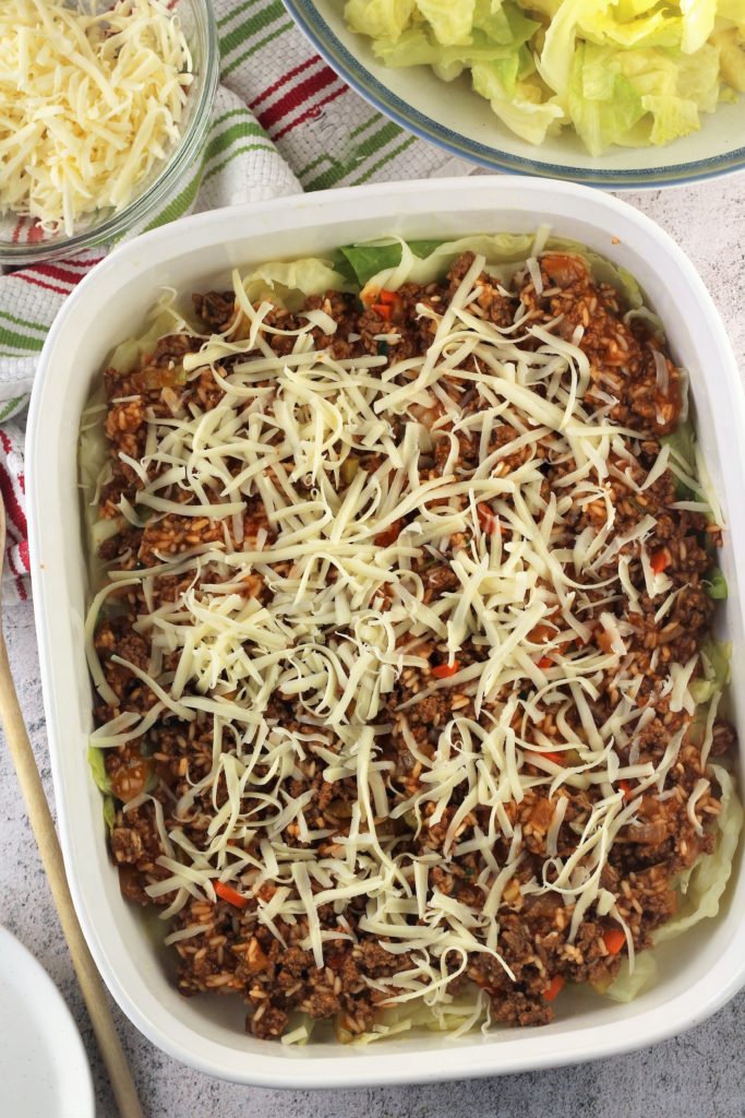 layared cabbage roll casserole topped with mozzarella