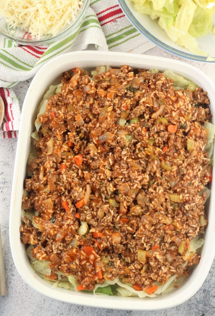 layered cabbage roll casserole in baking dish