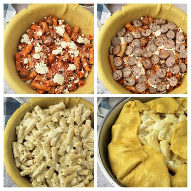 Step by step images for assembling timpano with pasta, cheese and sausage.