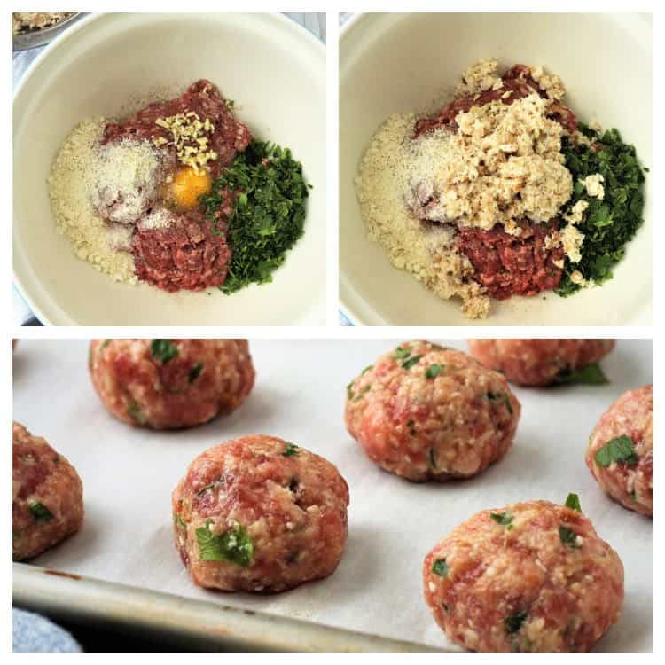 Ground meat mixed with egg, parsley and cheese for making meatballs.
