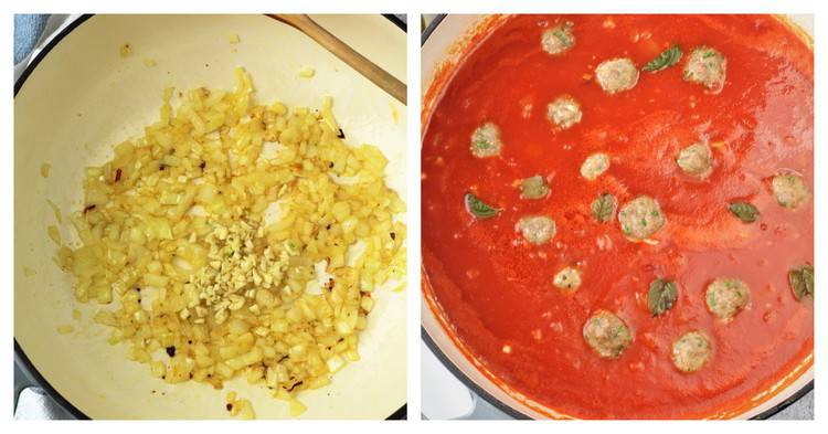 How to make tomato sauce with sautéd onions and garlic with mini meatballs in it.