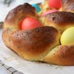 Braided Italian Easter bread with colored eggs.