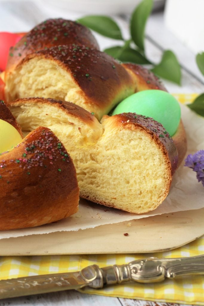 Slice of Italian Easter bread with eggs.