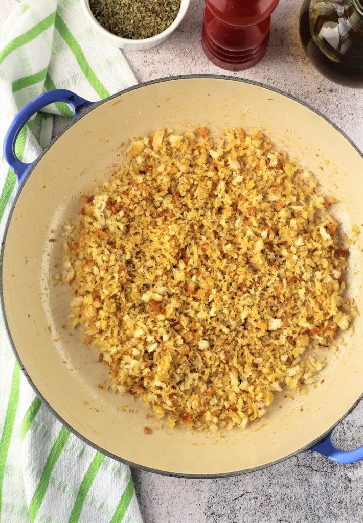 Crispy toasted breadcrumbs in large skillet.