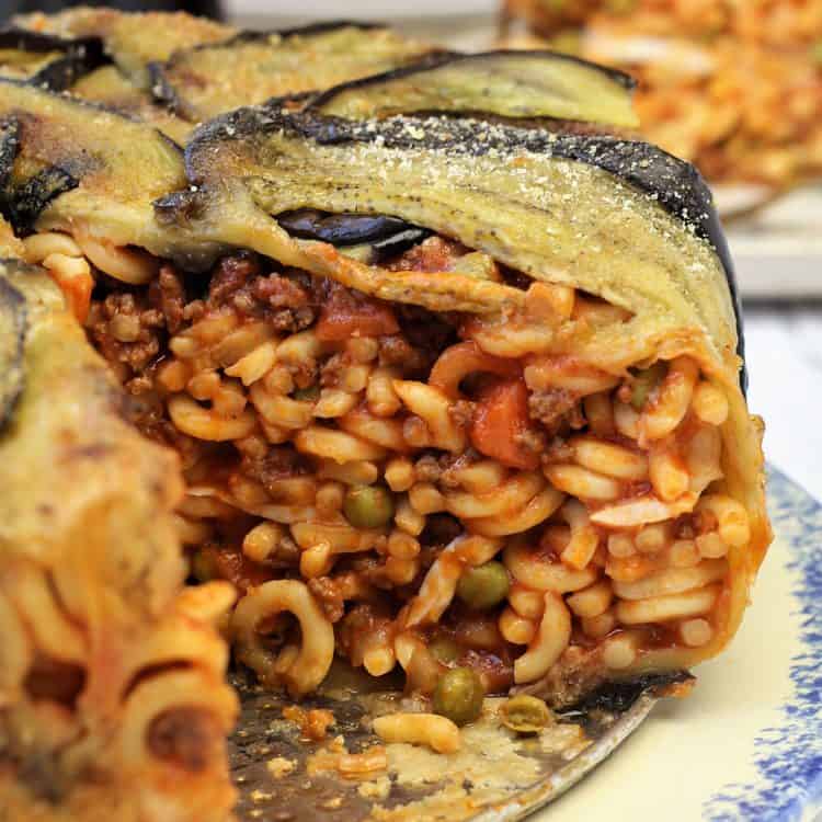 Baked anelletti pasta with eggplant.