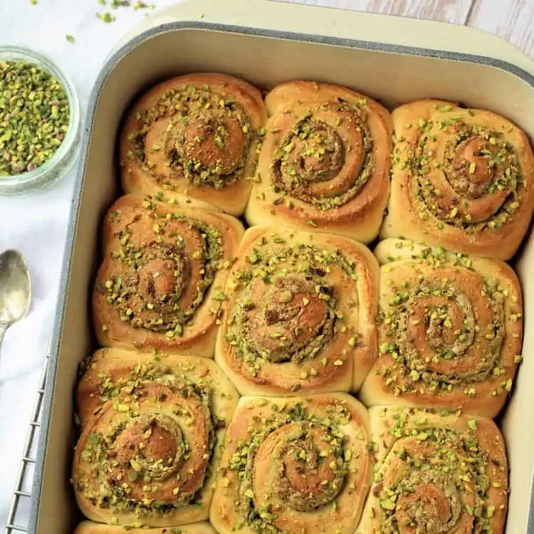 Just baked pistachio cream brioche rolls.