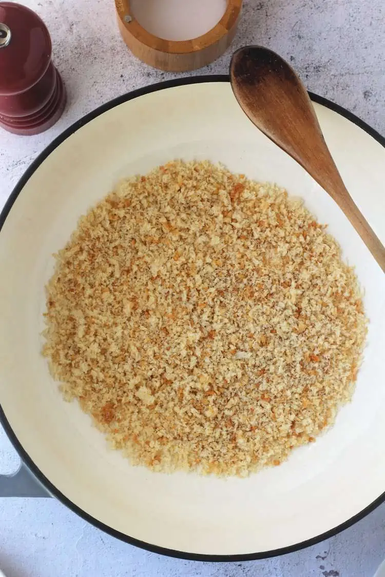 Dry breadcrumbs toasted in pan.