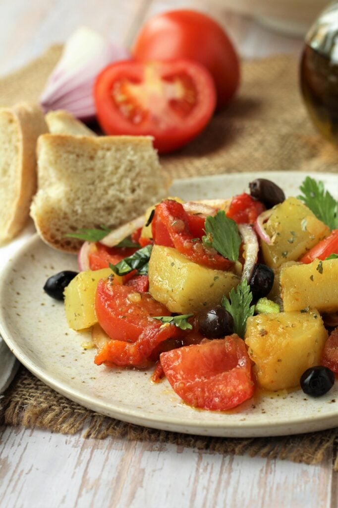 Plated Italian pepper potato salad.