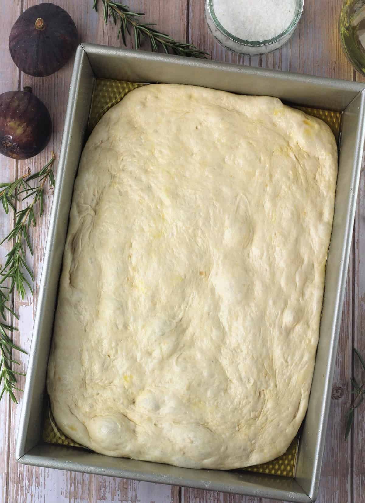 Flattened focaccia dough in rectangular pizza pan.