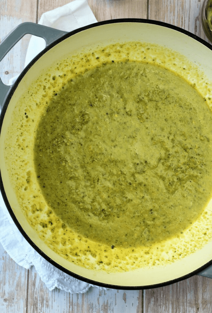 Pistachio pesto in large skillet.