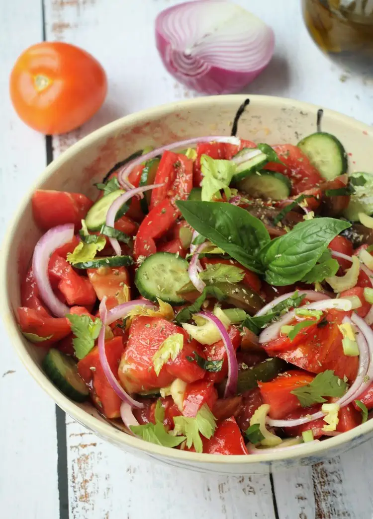 Italian tomato salad in large bowl.