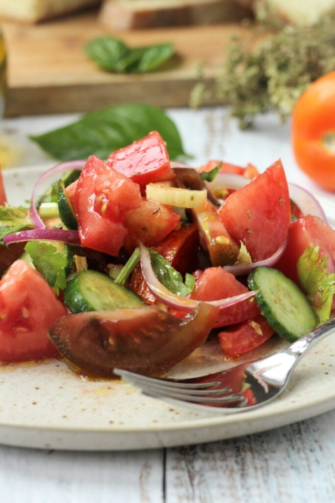 Plated tomato cucumber salad with onions.