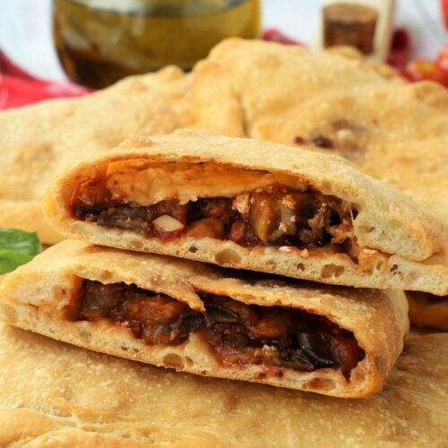 Eggplant calzone halved.