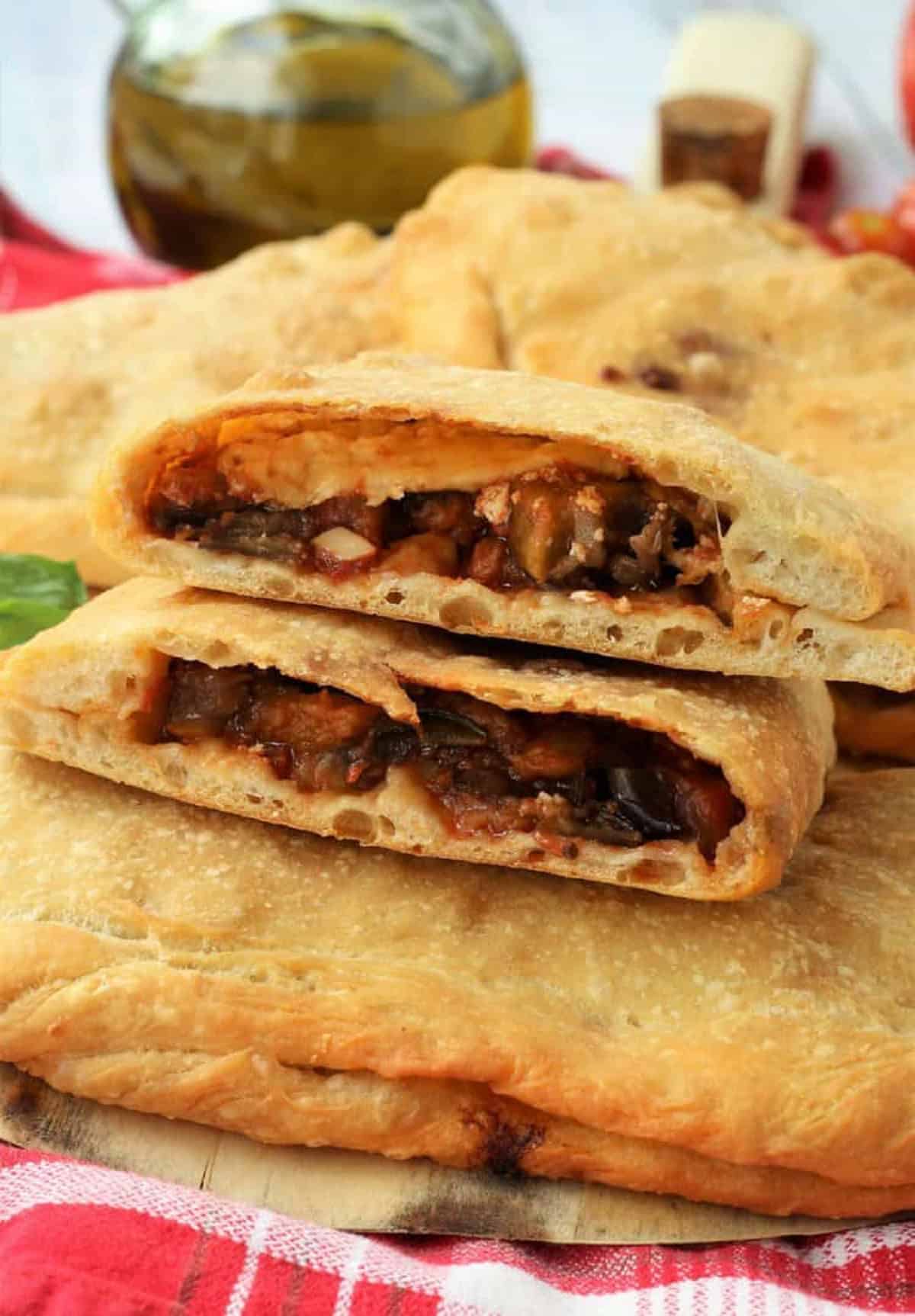 Eggplant calzone cut in half.