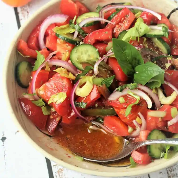 Bowl of tomato cucumber onion salad with celery.