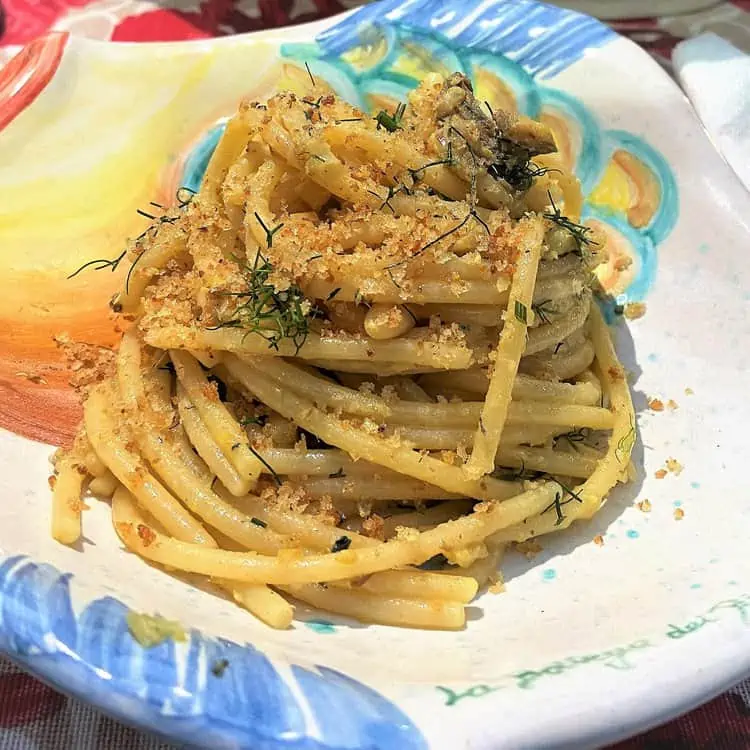 Plated Sicilian sardine pasta.