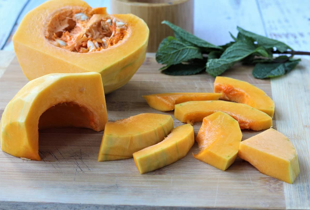 Butternut squash peeled and thinly sliced.
