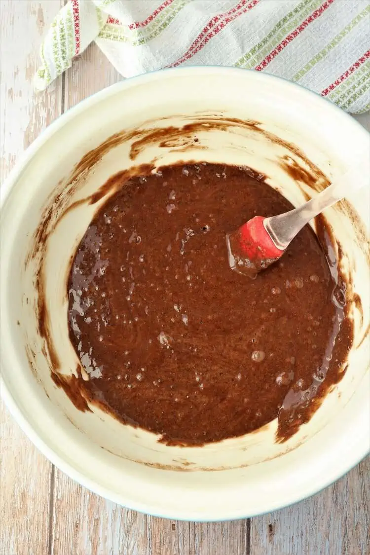 Chocolate pizzelle batter with spatula in bowl.