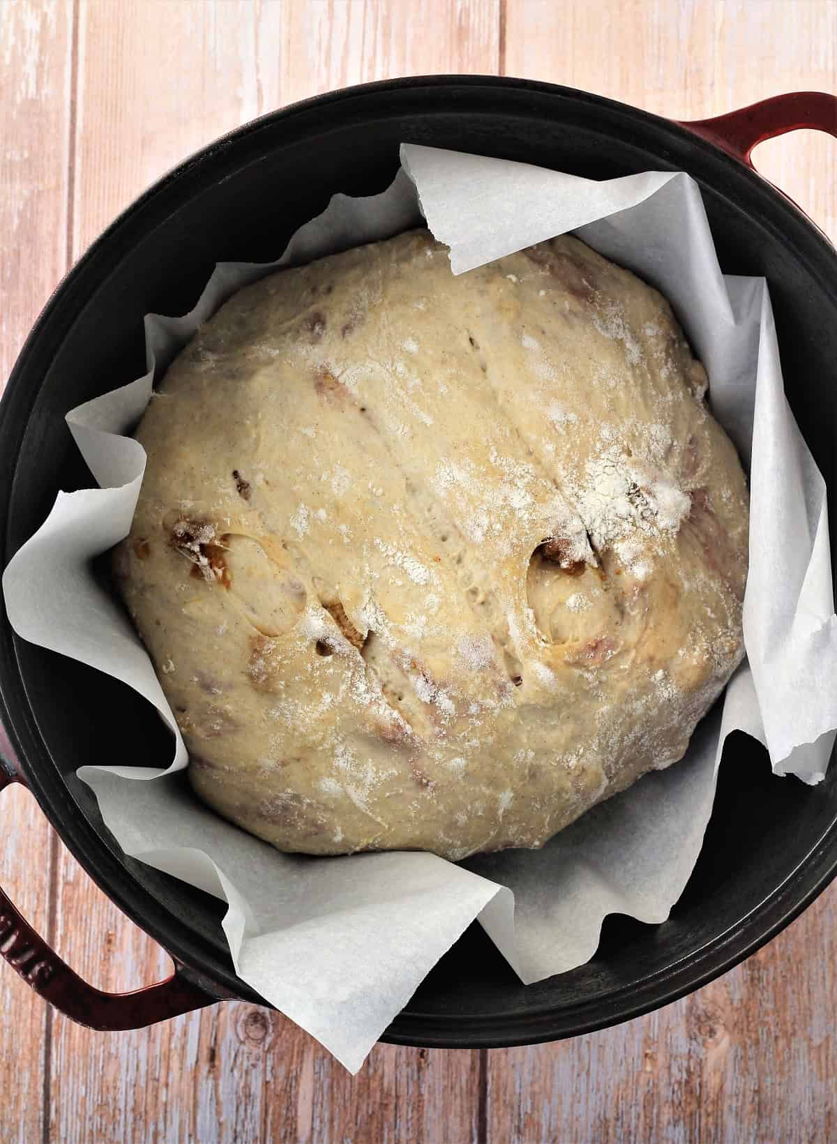 Fig and walnut bread dough in dutch oven.