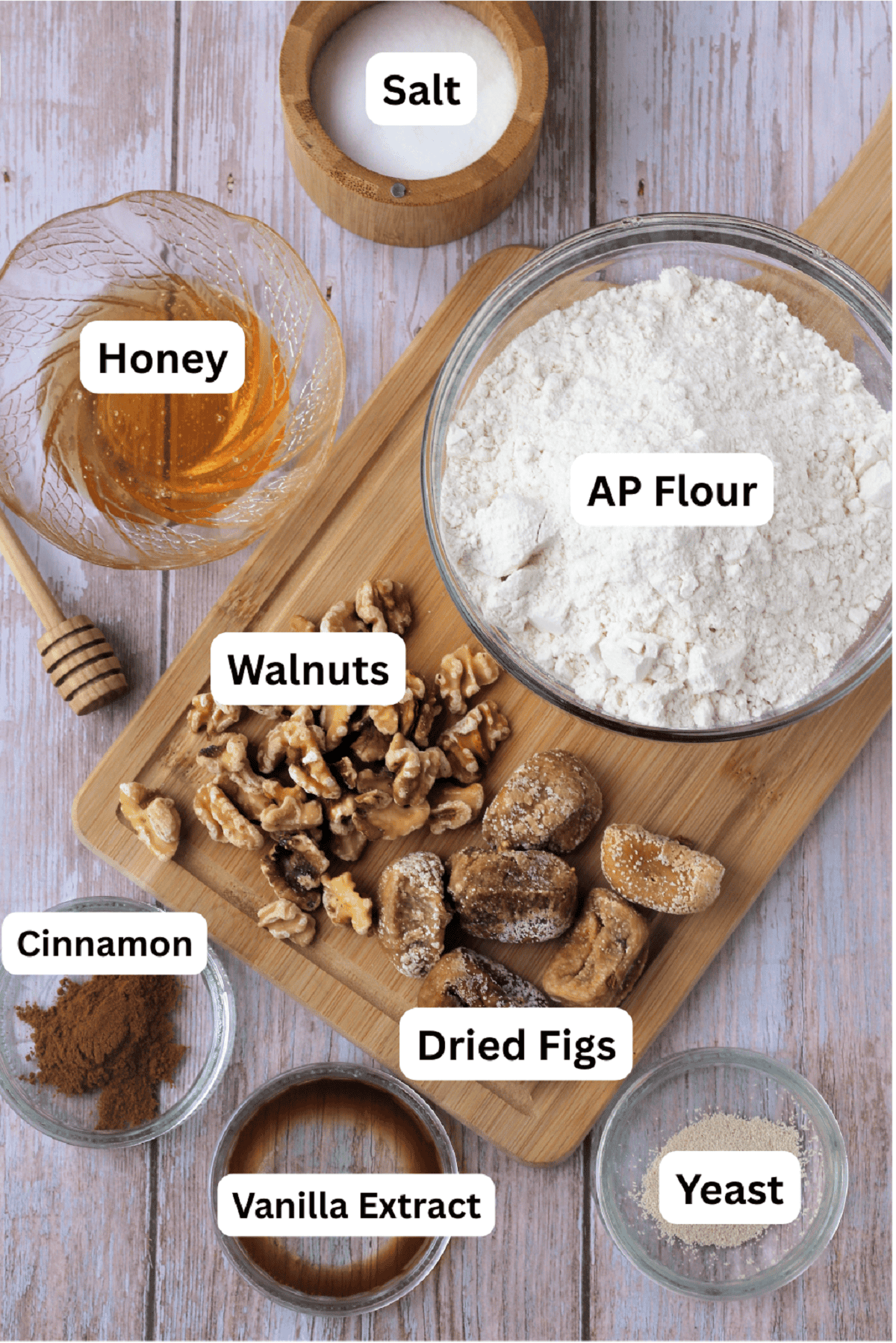 Flour, salt, yeast, figs, walnuts, vanilla extract, cinnamon and honey.